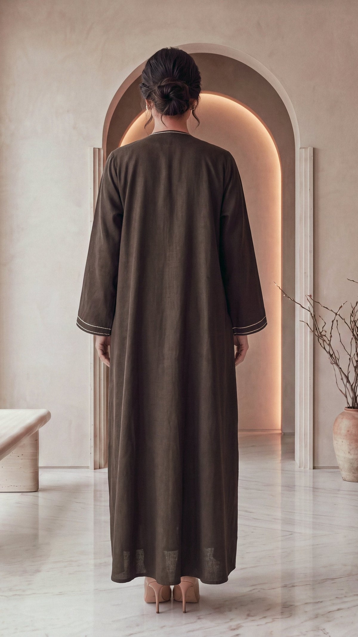 SIDRA espresso linen abaya, back view