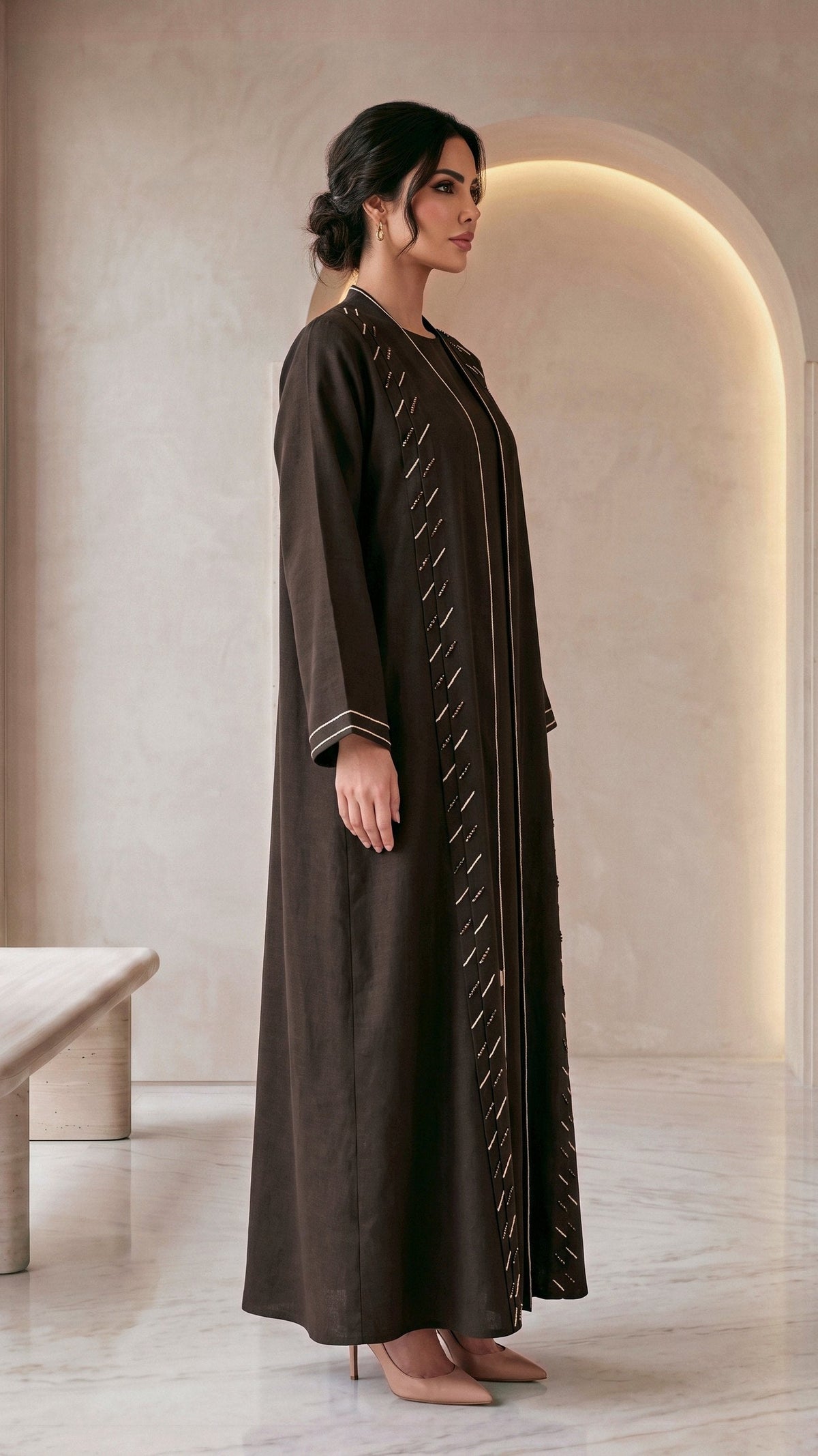 SIDRA espresso linen abaya, side view
