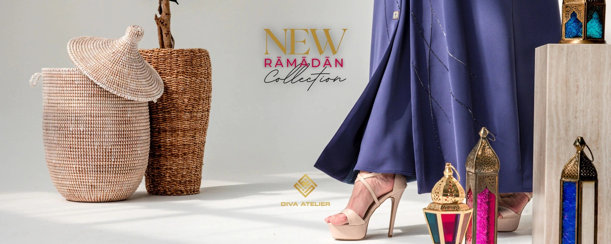 2026 Ramadan Collection banner of lower shot of amethyst purple abaya with lanterns Luxury Ramadan 2026 abayas | عبايات فاخرة بتفاصيل راقية ولمسات كريستال — handcrafted, limited edition by Diva Atelier.