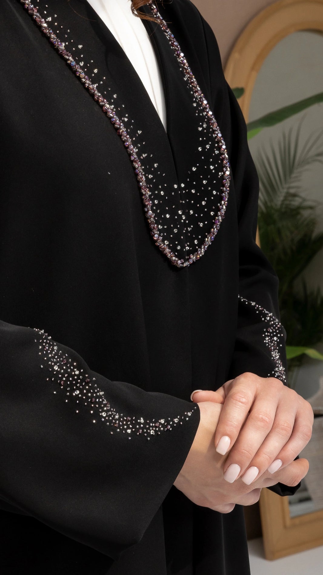 Nuhaylah Noir Eclat Abaya Crystal embellished neckline close-up on black luxury abaya by Diva Atelier