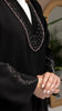 Nuhaylah Noir Eclat Abaya Crystal embellished neckline close-up on black luxury abaya by Diva Atelier