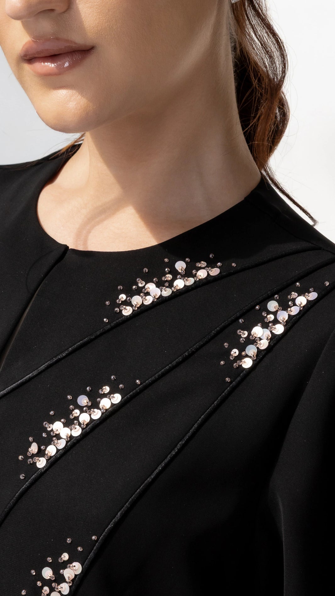 JAWA Noir Constelle luxury black abaya video with diagonal crystal constellation detailing by Diva Atelier