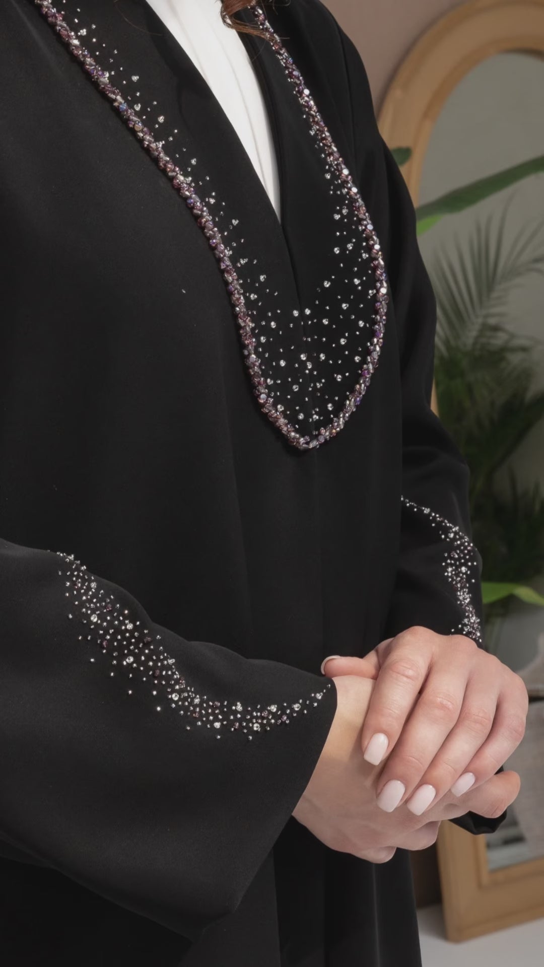 Nuhaylah Noir Eclat Abaya Crystal embellished neckline close-up on black luxury abaya by Diva Atelier