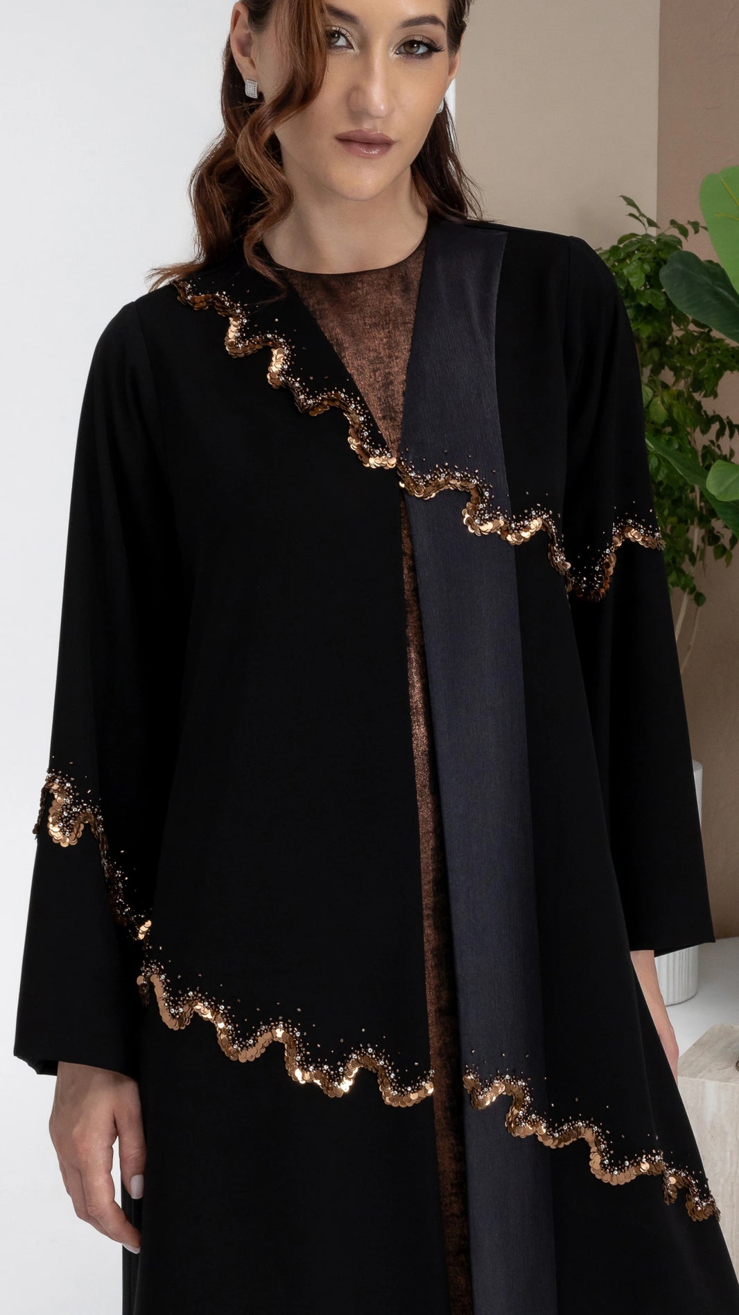 GHALA Copper Luxe black abaya VIDEO with cascading copper sequin contour detailing by Diva Atelier
